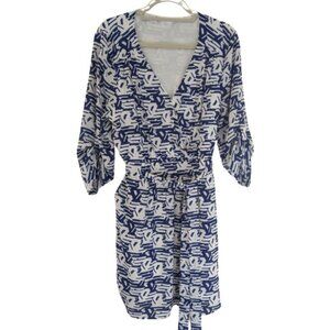 DR2 by Daniel Rainn Knee-length Geometric Print Blue White Wraparound Dress  XL